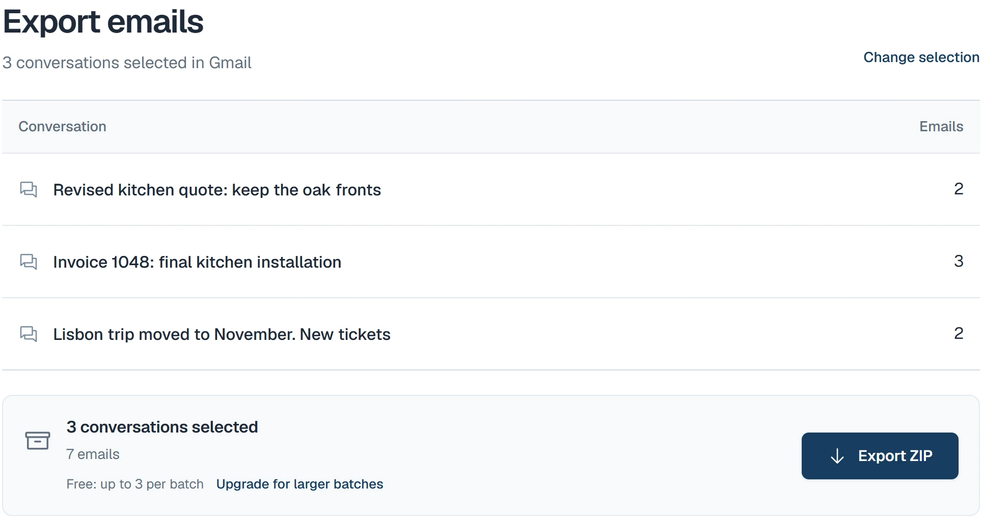 Actual app listing three selected conversations, containing 2, 3 and 2 emails, with the Export ZIP action
