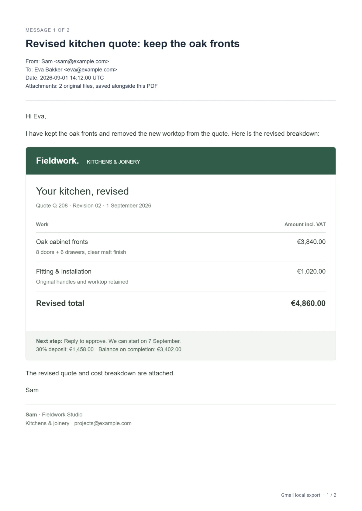 First page of an exported kitchen quote email, including sender, date, an itemised quote and attachment details